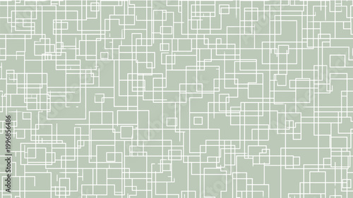 Abstract design creating a mosaic texture with white square outlines on a soft green background. Seamless geometric pattern of overlapping squares on pastel green
