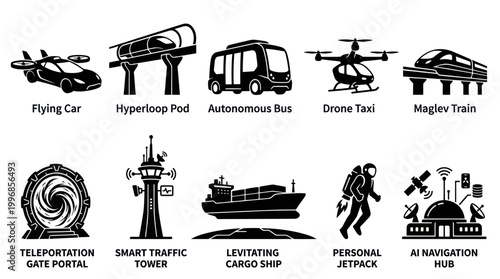 Futuristic Transportation Icons: Flying Car, Hyperloop, Drone, Maglev Train, Jetpack, Portal