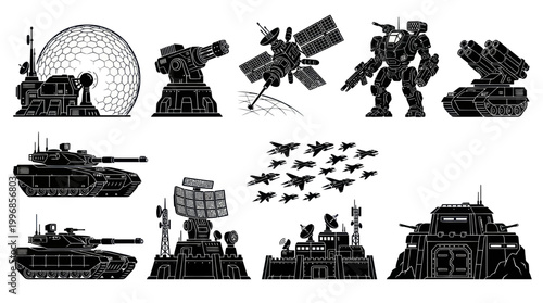 Black and White Line Art Military and Sci-Fi Vector Icons: Tanks, Robots, Satellites, Radar