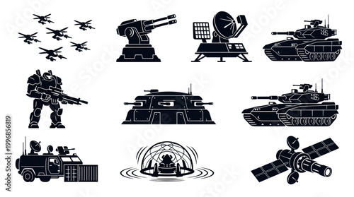 Black and White Icons of Military Vehicles, Weapons, and Tech