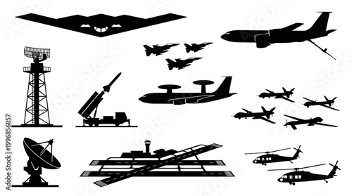 Black  White Silhouette Icons of Military Airplanes, Helicopters, Radar, Missile
