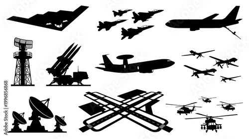 Military Aircraft, Radar, Missiles, Helicopters, Drones - Vector Silhouettes
