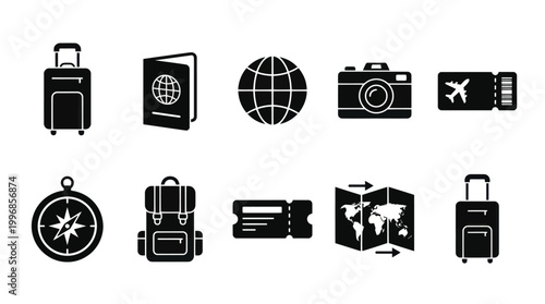 Travel Icons: Suitcase, Passport, Globe, Camera, Ticket, Compass, Backpack, Map