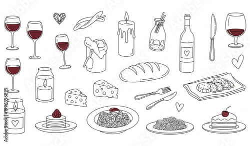 Cozy romantic dinner doodle set with wine food and candle elements in hand drawn line art style