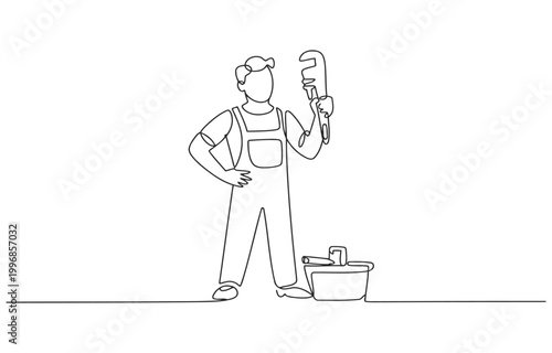 Plumber with adjustable wrench and toolbox single line continuous line white background one person service industry occupations craftsman tradesman repairman handyman industry construction