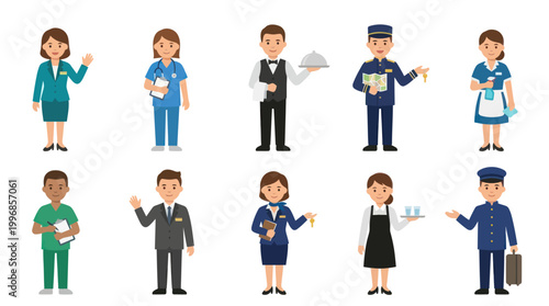 Flat Design Vector Characters of Diverse Occupations: Hospitality, Medical  Business Professionals