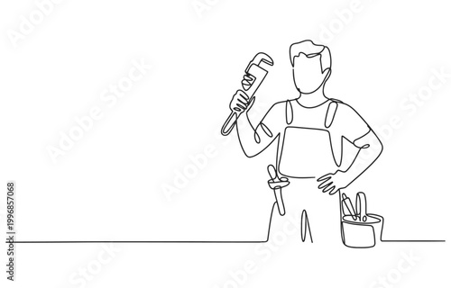 Plumber with pipe wrench and service bag single line continuous line white background one person service industry occupations craftsman tradesman repairman handyman industry construction