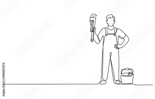 Plumber with wrench and tool container single line continuous line white background one person service industry occupations craftsman tradesman repairman handyman industry construction