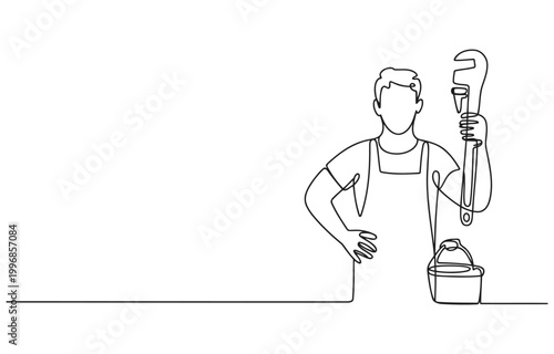 Plumber holding a wrench with tools bucket single line continuous line white background one person service industry occupations craftsman tradesman repairman handyman industry construction