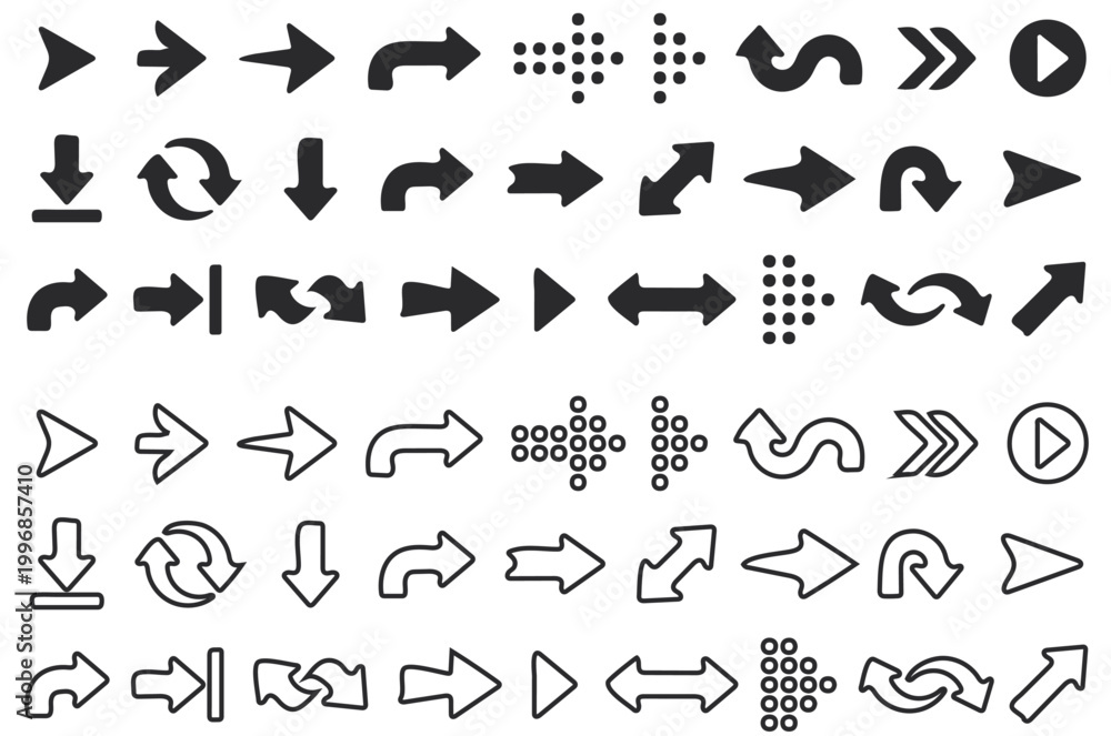 Fototapeta premium Arrow Icon Set: Up, Circle, Red, Cursor Signs and Direction Symbols – Editable Line Icons