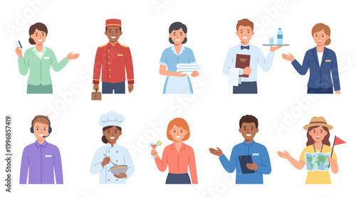 Hospitality Service Staff in Flat Design Vector - Hotel, Restaurant, Tour