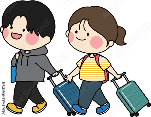 スーツケースを持って旅行を楽しむカジュアルな男女カップルのイラスト