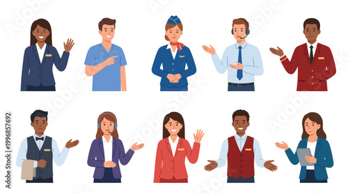 Diverse Professionals in Service and Hospitality Roles, Flat Vector Icons