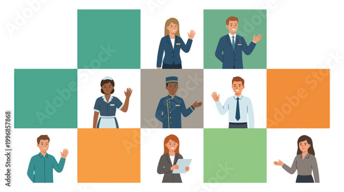 Flat Vector Illustration: Diverse Hospitality Staff Characters - Hotel Employees