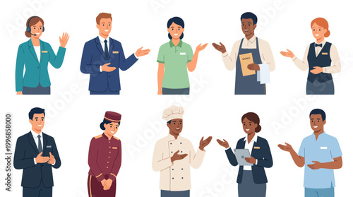Diverse hotel staff in uniform greeting, flat vector illustration