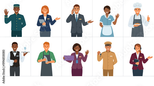 Diverse Hospitality Industry Professionals Flat Vector Characters Set