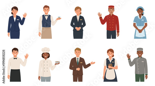 Flat Vector Illustration of Diverse Hospitality Industry Professionals and Hotel Service Staff