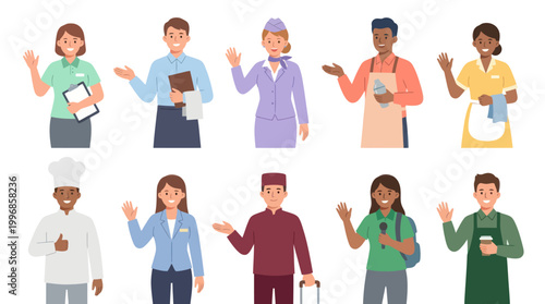 Flat Vector Illustration of Diverse Service Industry Professionals and Occupations