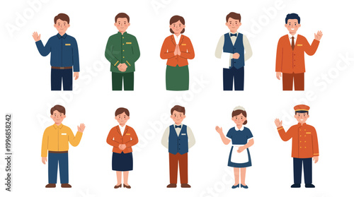 Flat Vector Illustration Set of Hotel and Hospitality Staff Characters