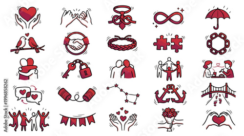 Friendship and Love Connection Icon Set in Doodle Line Style. A collection of social icons, including heart, handshake, hug, pinky promise, puzzle, infinity, anchor, and bouquet symbols.
