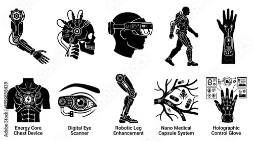 Futuristic Robotic Cybernetic Human Augmentation Technology Icons