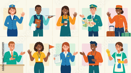 Diverse Hospitality Professionals in Flat Design Style