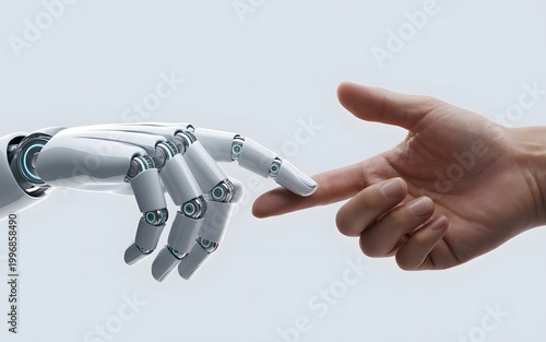 Human hand reaching towards robotic hand with artificial intelligence connection technology