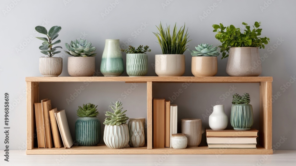 Fototapeta premium Various potted plants and books arranged on a wooden shelf against a gray wall