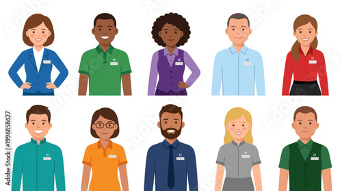 Diverse group of smiling professionals in a flat vector illustration style