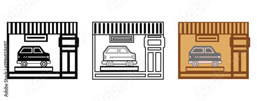 Car showroom and dealership shop icons set featuring a vehicle inside a store with striped awning in silhouette, outline, and flat color styles.
