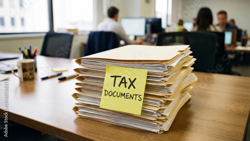 Tax documents compilation and filing management for organized annual income reporting compliance submission and accurate financial record keeping in professional accounting office environment