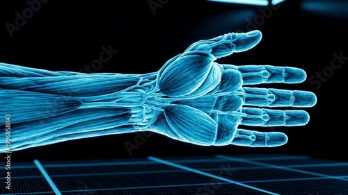 Anatomical Illustration of Human Hand Muscles and Tendons in Blue Tones