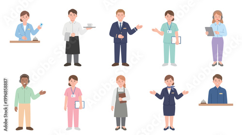 Diverse professional people icons: hospitality, medical, service industry roles