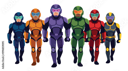 Team of Diverse Futuristic Air Force Workers in Protective Suits Standing Together Vector Illustration