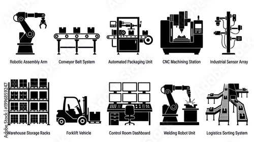 Smart Factory Industrial Automation Glyph Icons Set: Manufacturing  Logistics Equipment
