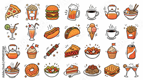 Food and Drink Icon Set in Hand-Drawn Doodle Style. Comprehensive collection of meal and snack icons, including pizza, burger, coffee, ramen, taco, dessert, beverage