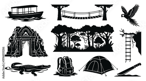 Jungle Adventure Exploration Elements Silhouette Vector Set. Tropical Wildlife  Travel Icons