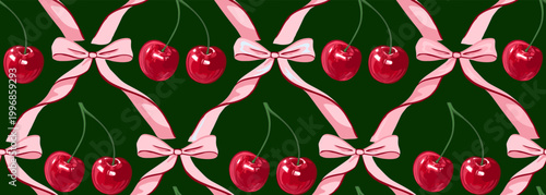 фотографія Cherry Ribbon Seamless Pattern Glossy Red Fruit with Pink Bows on Dark Green Bac