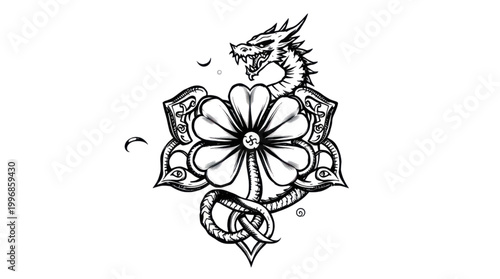 Dragon Fantasy Art Illustration of a Mythical Creature with Intricate Floral Mandala Design