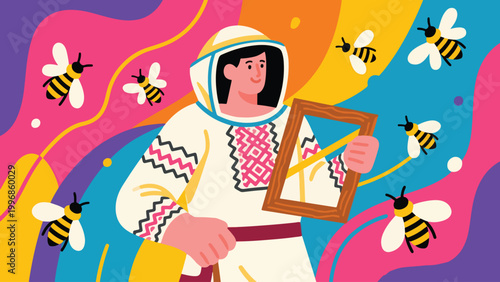 Illustration Of A Beekeeper Holding A Frame Vector Design Template