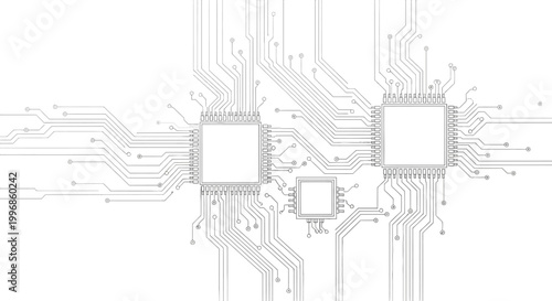 Detailed vector illustration of a microchip circuit board with interconnected pathways and three main processors displayed in a clean, minimalist style against a stark white background