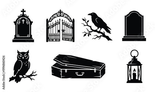 Foto Gothic Halloween Icons: Tombstones, Crows, Owls, Coffins, Lanterns, and Gates Ve