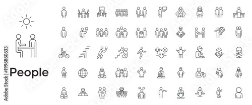 Set of 50 diverse line icons showing people in various social interactions, business settings, and personal activities.