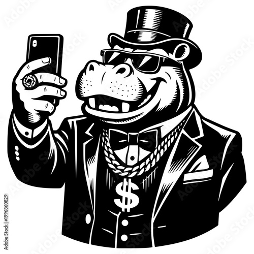Selfie Hippo: A dapper hippo in a stylish suit, complete with a top hat, shades, and bling, takes a selfie, exuding an air of affluence and swagger.