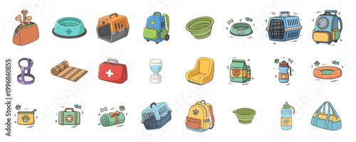 Pet Travel Accessories and Care Equipment Icon Collection