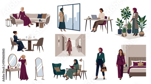 Modern Muslim Women Daily Life  Business Flat Design Vector Illustration Set