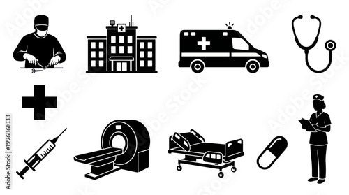 Black  White Medical Healthcare Glyph Icons Set: Hospital, Ambulance, Stethoscope
