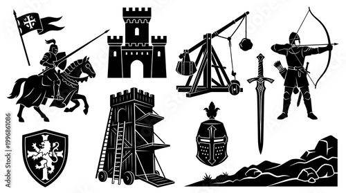 Medieval Warfare Set: Knights, Castle, Catapult, Archery, Sword, Shield - Glyph