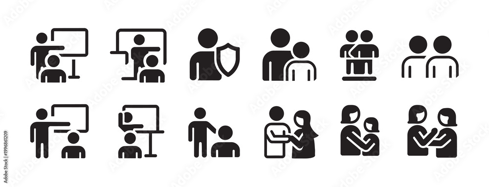 Fototapeta premium Set of icons showing people in supportive roles, teaching, and relationships.