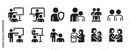 Set of icons showing people in supportive roles, teaching, and relationships.